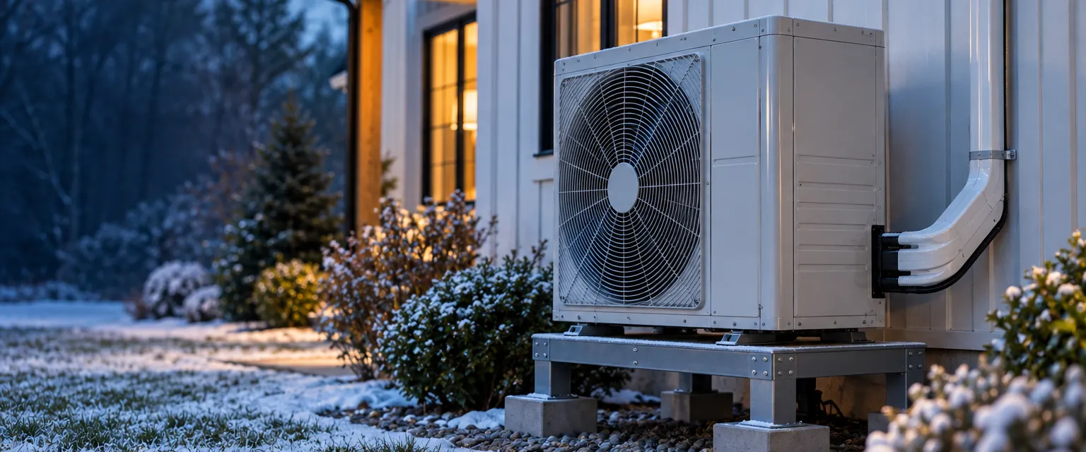 A heat pump outdoor unit raised on a sturdy stand beside a modern farmhouse with board-and-batten siding, a light dusting of snow on the lawn and a line set cover running up the wall