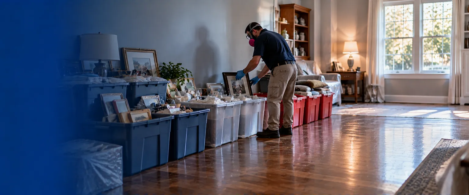 A cluttered living room being cleared in an orderly way, sorted bins along one wall and a worker in gloves placing items carefully