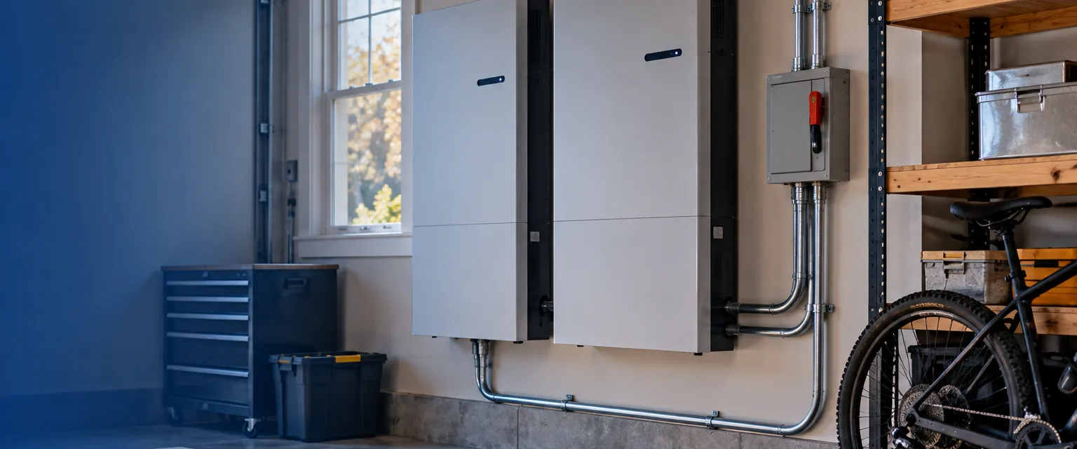 Two slim gray home battery cabinets on a tidy garage wall beside a disconnect switch and short conduit run, a bicycle and shelves nearby