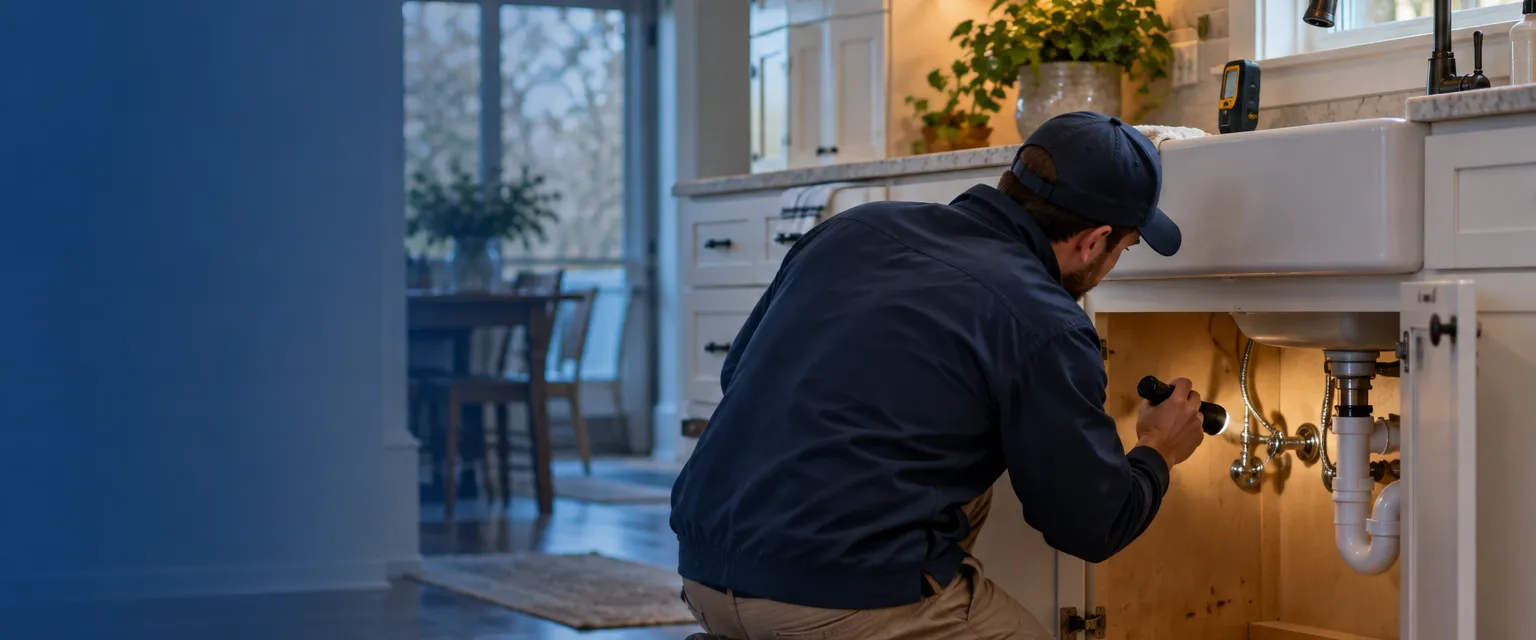 An inspector kneeling at an open kitchen sink cabinet in a modern farmhouse, shining a flashlight on the supply valves and drain trap