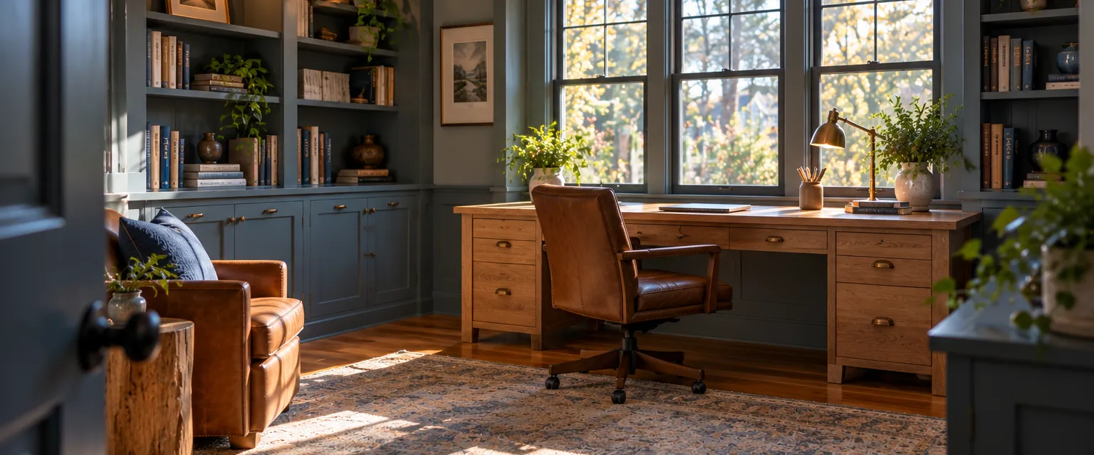 A craftsman home office with built-in bookshelves, a wide oak desk under a window, a reading lamp and a leather chair