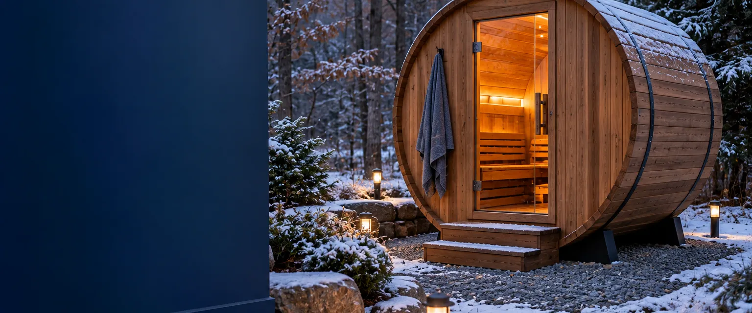 A cedar barrel sauna on a gravel pad in a snowy wooded backyard, warm light glowing through its round glass door and wooden steps beside it