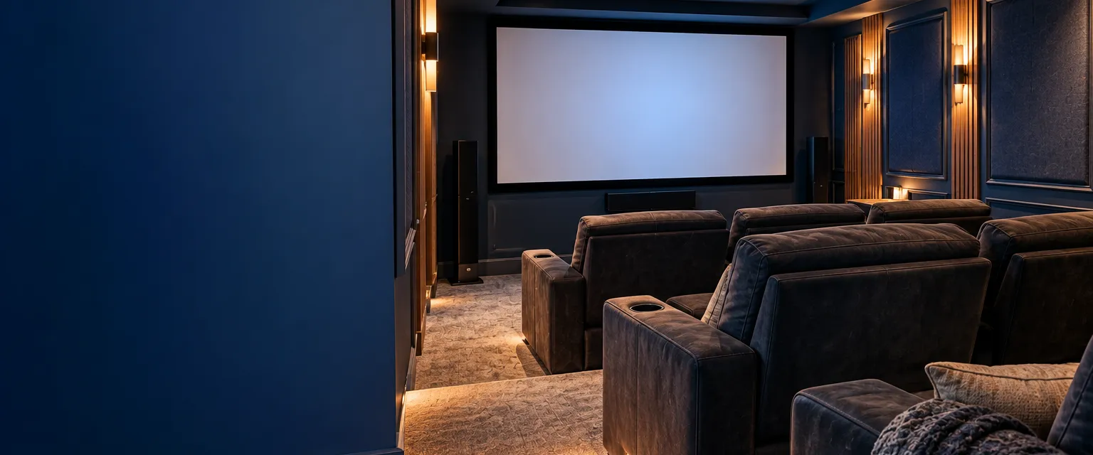 A basement home theater with two rows of dark upholstered recliners on a carpeted riser, fabric acoustic panels and dim step lights