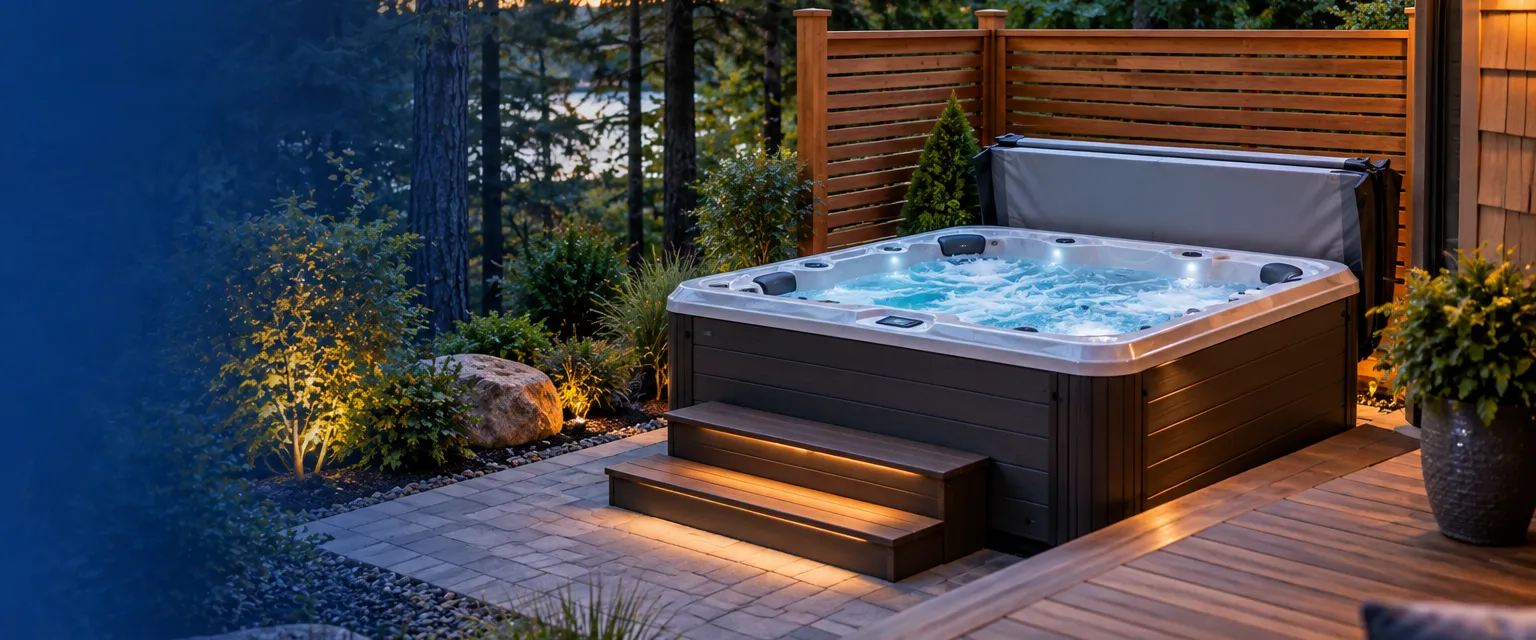 A square hot tub with its cover folded back on a new paver pad at the corner of a cedar deck, a slatted privacy screen and evergreen woods behind
