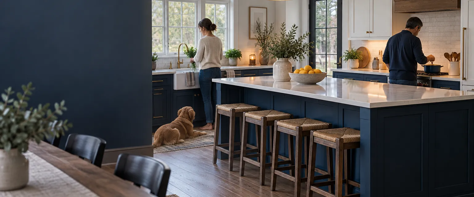 A bright farmhouse kitchen with navy lower cabinets, white uppers, a long quartz island and a bowl of lemons