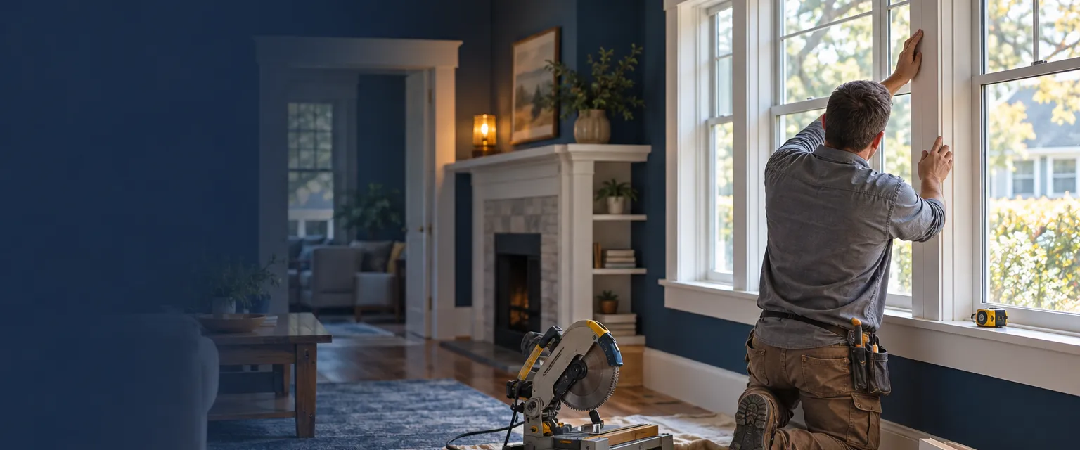 A carpenter fitting a painted window casing in a sunlit craftsman living room, a miter saw and stacked trim boards nearby