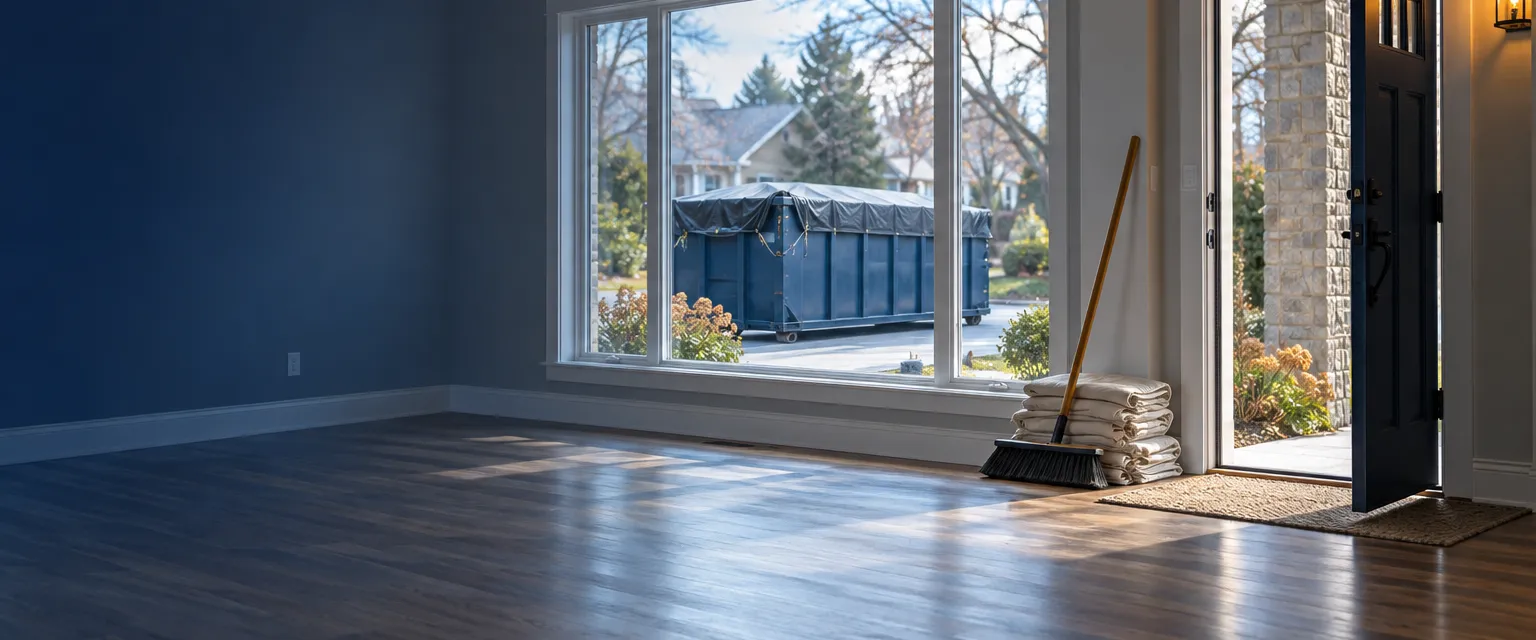 A freshly renovated living room swept clean and empty, folded drop cloths and a push broom by the door, a covered dumpster in the driveway outside