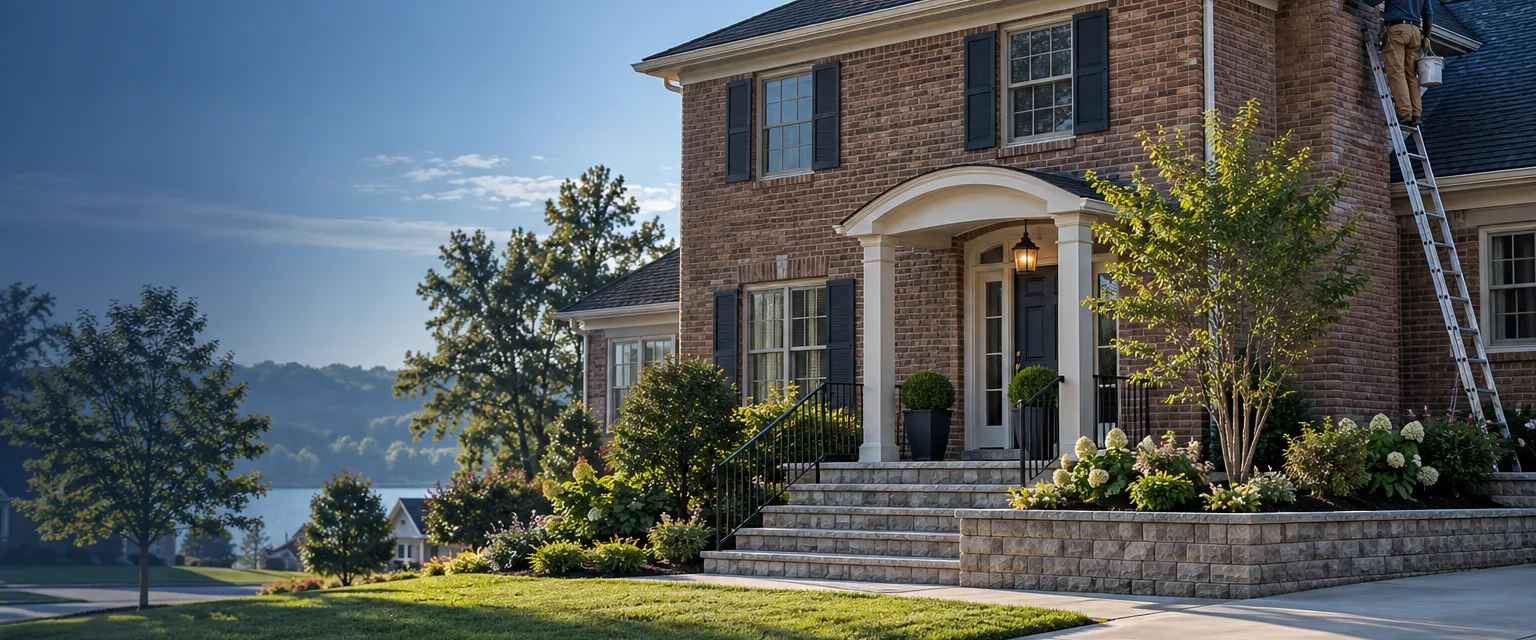 The front of a brick two-story home with a fresh concrete driveway, new stone steps, a low block retaining wall holding a planted bed and a sound brick chimney above