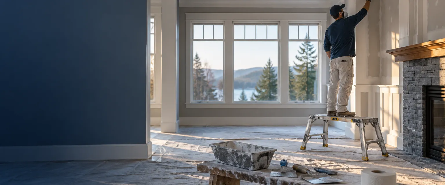 A freshly finished craftsman living room with smooth primed walls and crisp corner bead, a mud pan and taping knives set on a drop cloth before bright windows