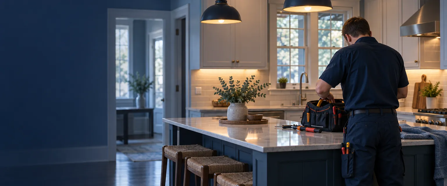 An electrician in navy workwear, seen from behind, packing a tool bag in a finished colonial kitchen with new under-cabinet lights, recessed lights and white switch plates