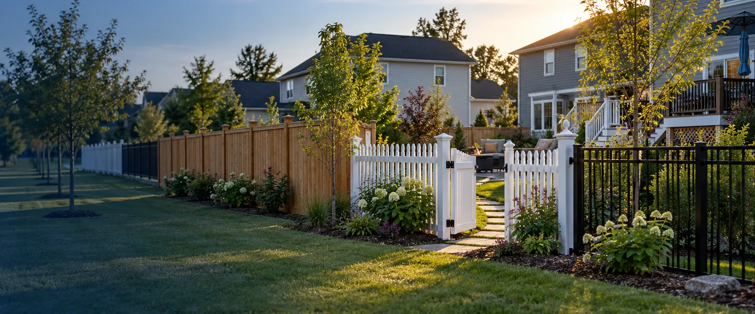 A quiet suburban side street where several backyards meet, edged by new cedar board, white vinyl picket and black aluminum fences with an open garden gate in the center