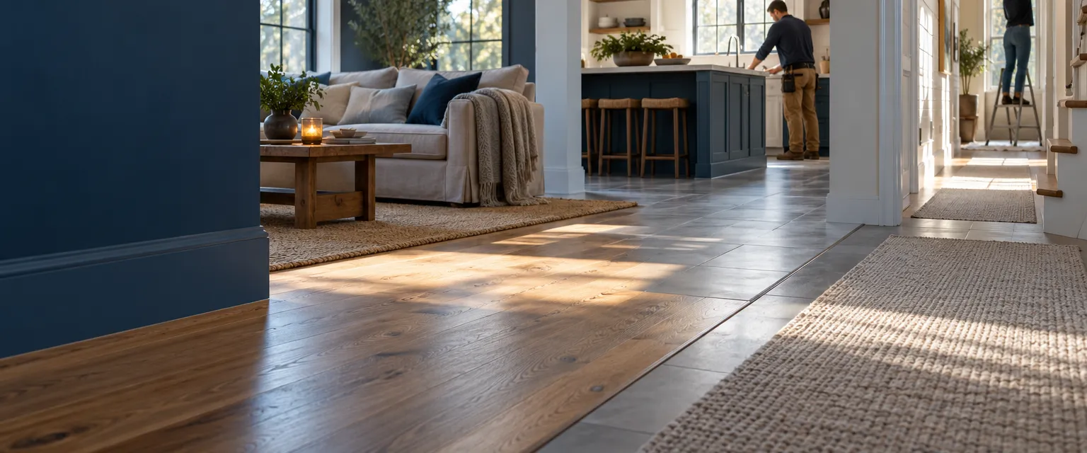 A sunlit farmhouse living area where oak planks, porcelain tile and a wool runner meet