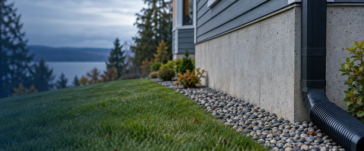 The side of a two-story home with a clean poured concrete foundation wall above grade, a downspout extension and a gravel drain strip carrying water away across a gently sloped lawn