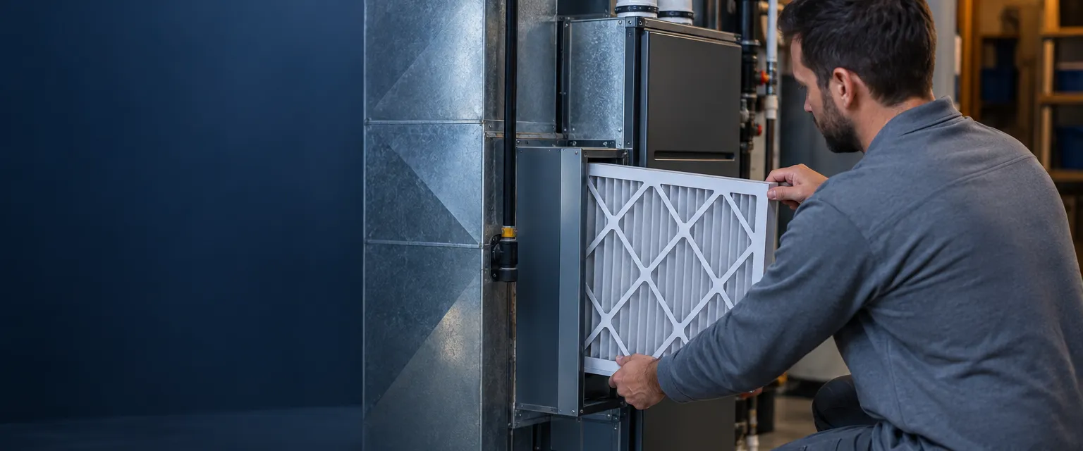 A technician in gray workwear slides a fresh pleated filter into a new high-efficiency furnace in a clean basement mechanical room, a sealed sheet metal plenum and white PVC vent pipes beside it