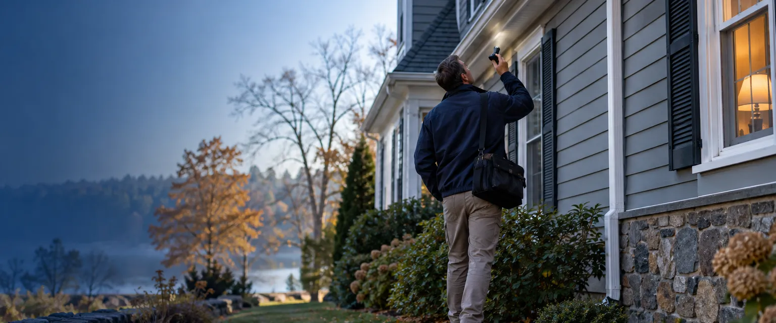 A home inspector seen from behind walking the side yard of a gray colonial home with a flashlight and shoulder bag, looking up at the gutter line