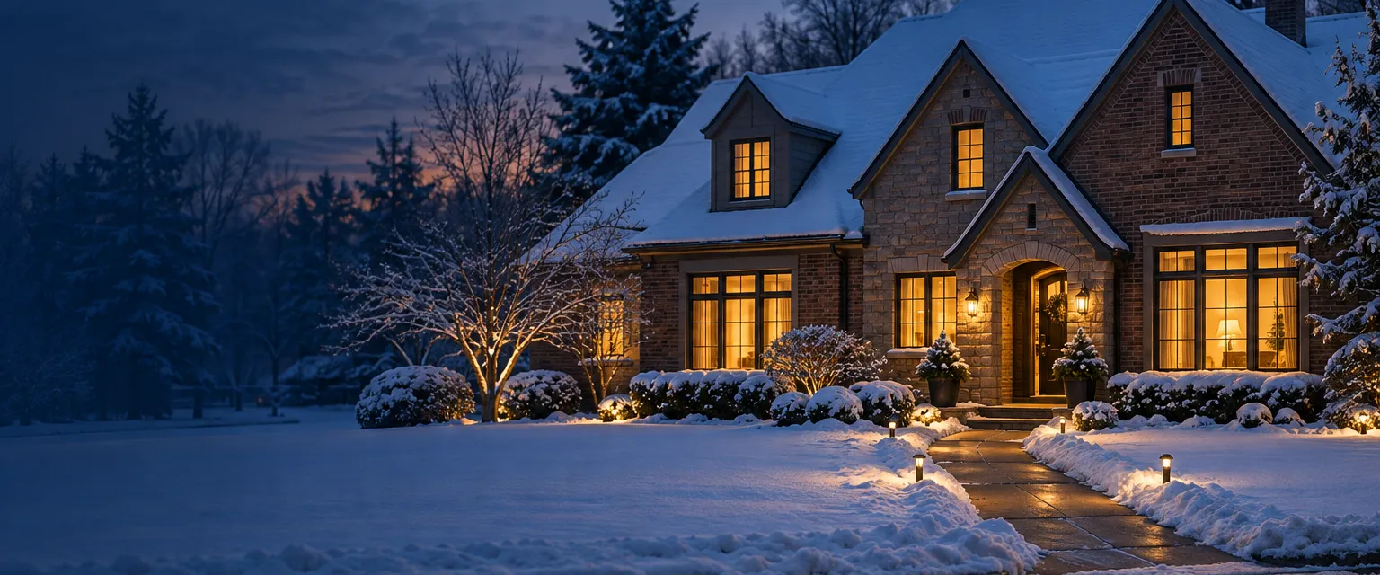 A brick home at dusk after a light snowfall, the roof evenly covered with snow, no icicles at the eaves and warm light in every window