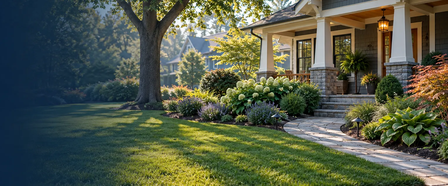 A well-kept craftsman front yard with a green lawn, curved mulched beds, a stone path to the porch and a mature shade tree in morning light