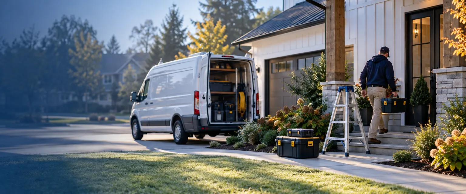 A plain white service van in the driveway of a modern farmhouse, two toolboxes and a folded stepladder on the front walk in morning light