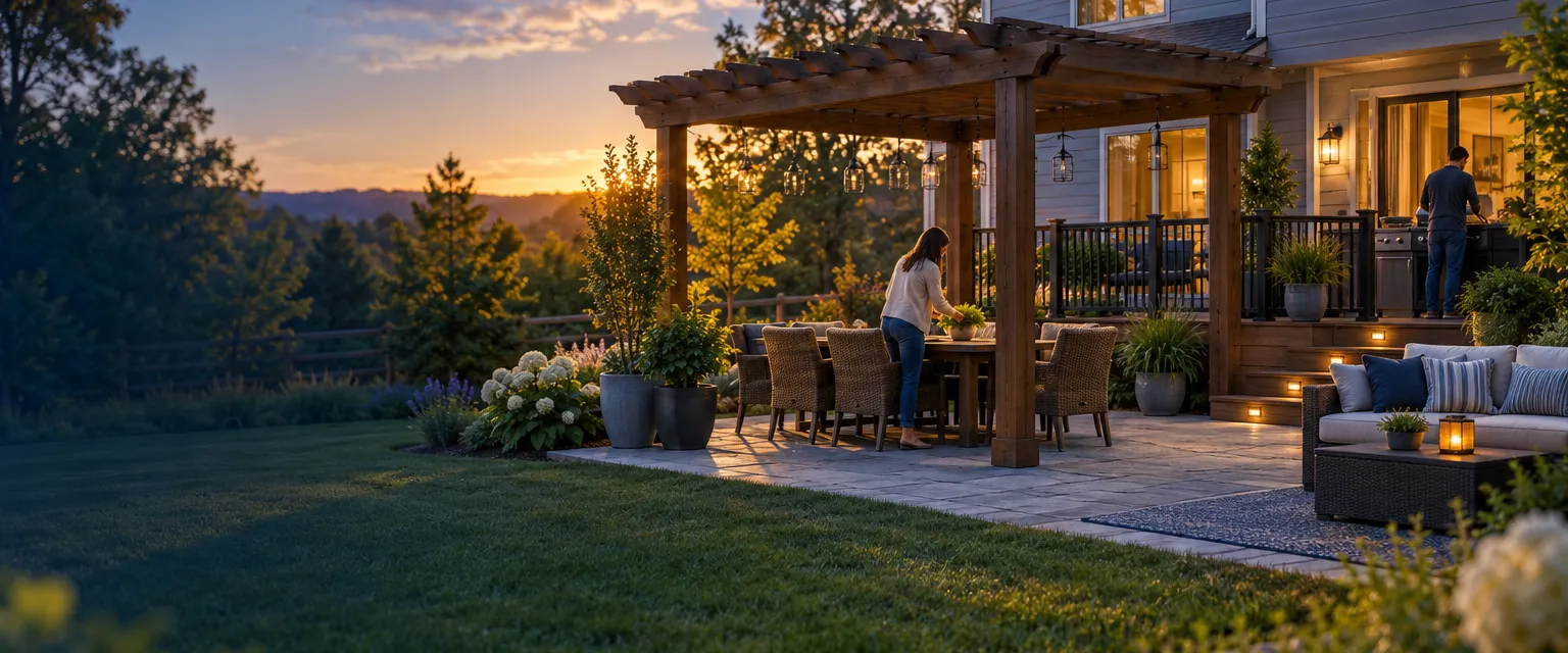 A backyard at golden hour behind a two-story home, a wooden deck with railing stepping down to a paver patio with an outdoor sofa, a pergola over a dining table and lawn beyond