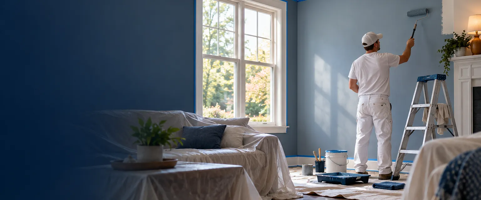 A sunlit living room mid-repaint with furniture under drop cloths and a painter rolling blue-gray onto a taped wall