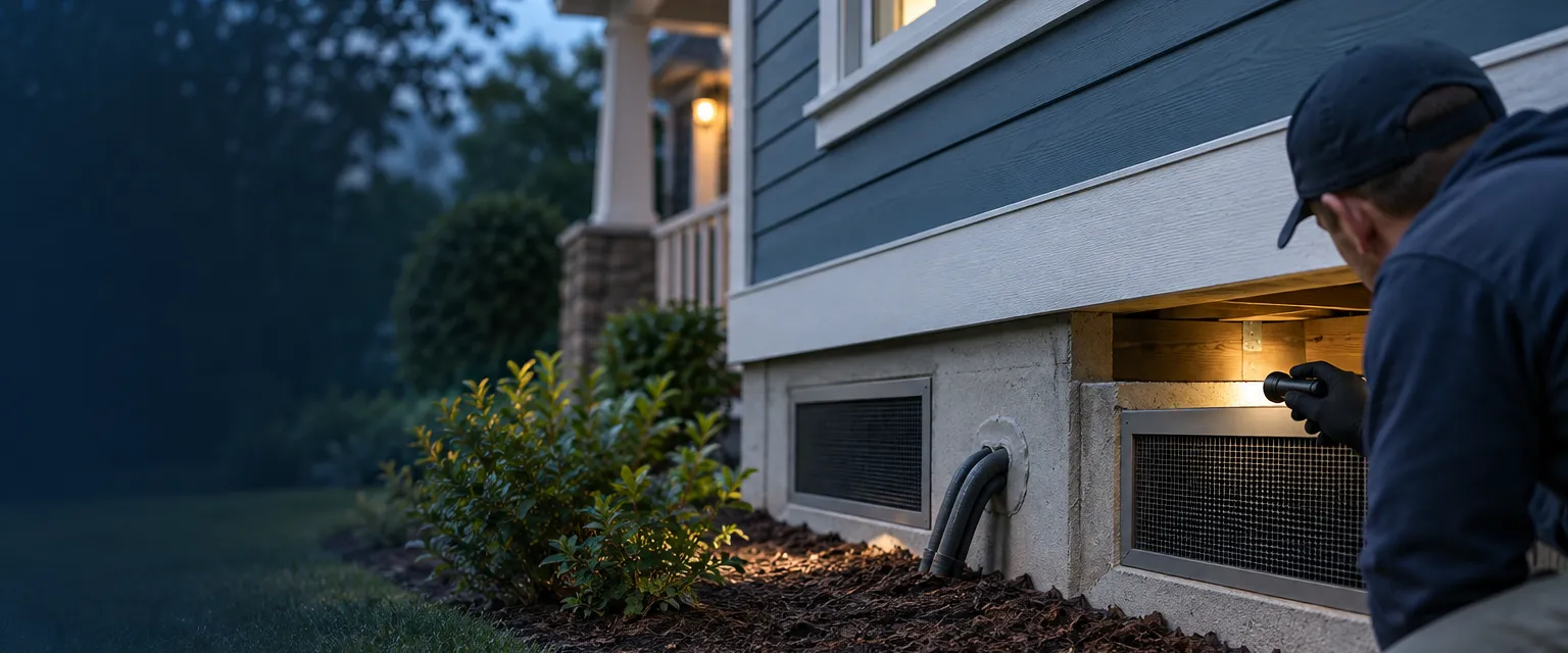Freshly screened crawlspace vents and a sealed utility penetration along the foundation of a raised craftsman home, a gloved technician shining a flashlight along the sill