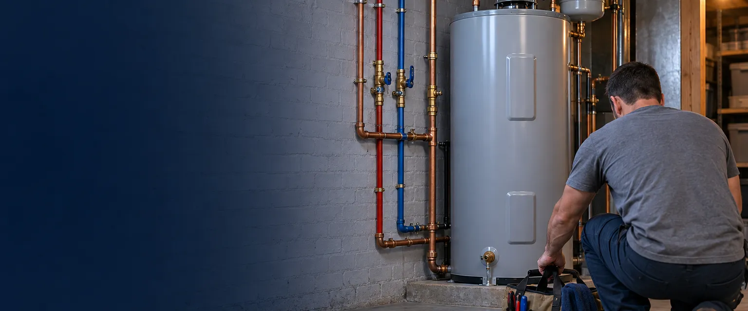 A tidy basement utility wall with neatly run copper and PEX supply lines, quarter-turn shutoff valves and a new water heater, a plumber seen from behind setting down a canvas tool bag