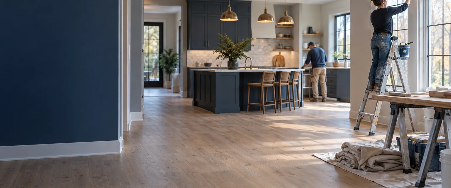An open-plan farmhouse main floor mid-remodel with new oak floors laid and a finished kitchen island beyond
