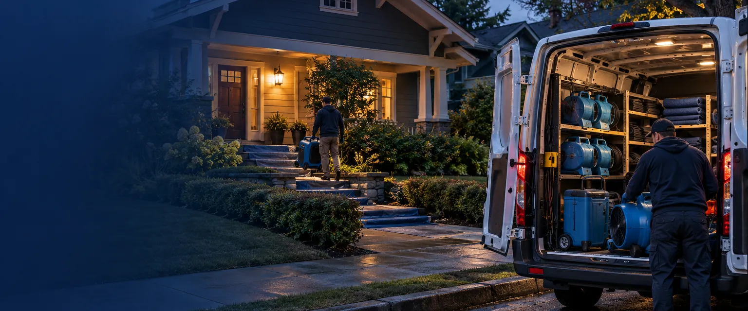 A restoration work van parked at a bungalow at dusk, its rear doors open on racked drying equipment