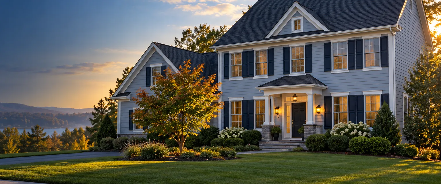 A two-story colonial at golden hour with a new charcoal shingle roof, white fascia and seamless gutters, a maple tree on the front lawn