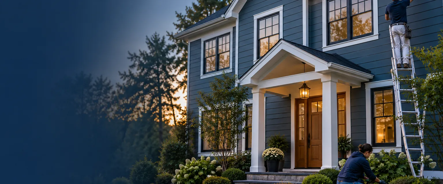 Front view of a two-story home with fresh slate-blue lap siding, new black-framed windows with white trim and a glossy wooden front door under a small portico