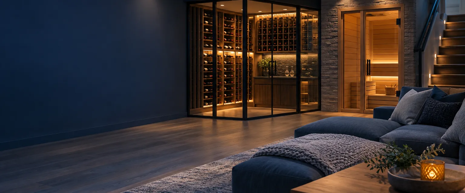 A finished basement lounge with a glass-walled wine room and lit wooden racks beside a cedar-lined sauna door and a low sectional sofa