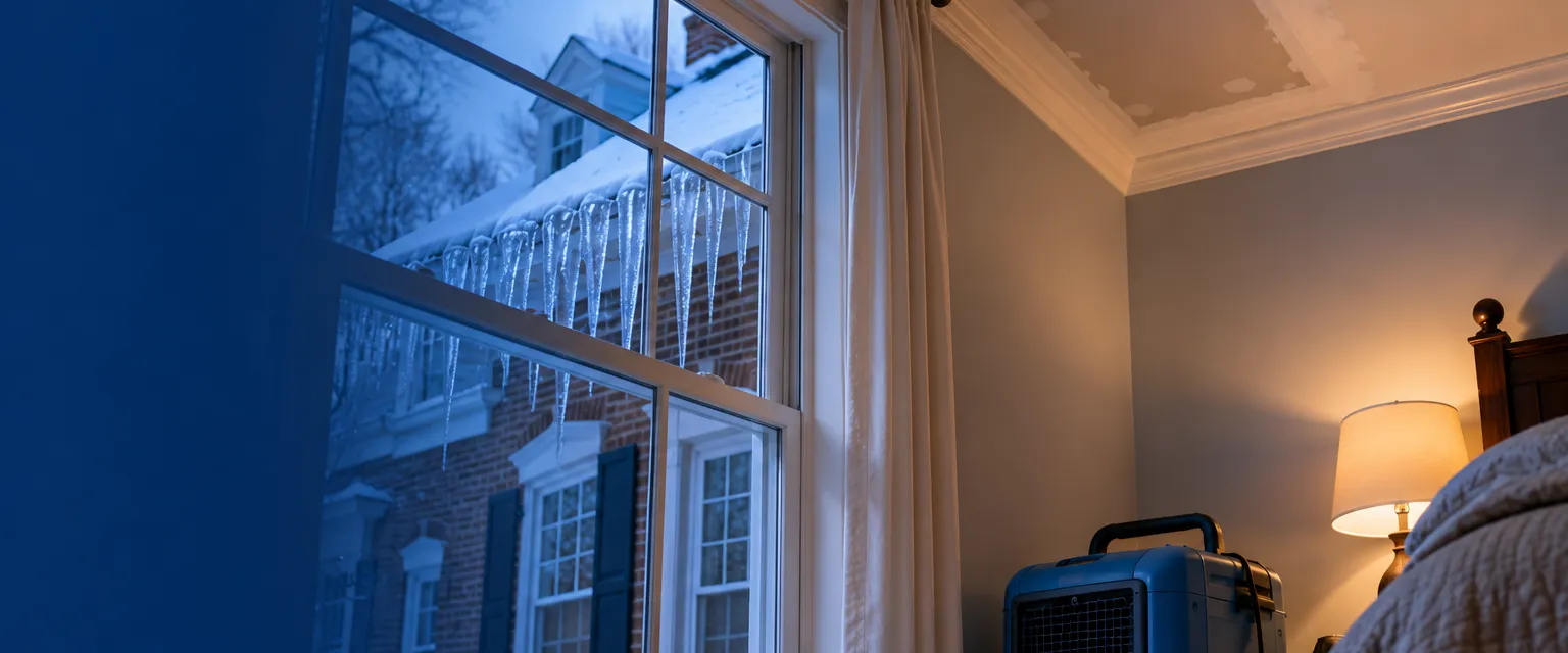 A patched and drying ceiling corner in an upstairs bedroom with a dehumidifier below, icicles on the roof edge outside