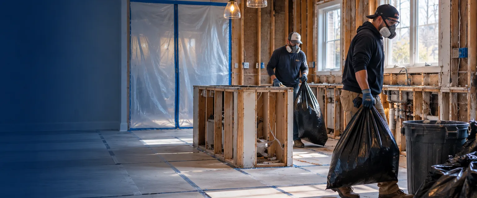 A kitchen gutted to the studs, two workers in respirators carrying debris bags, a zippered plastic dust barrier sealing the doorway
