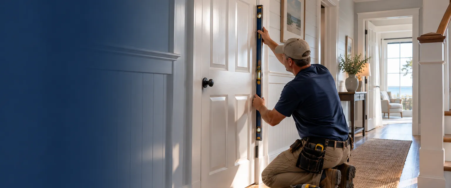 A carpenter checking a newly hung six-panel white door with a long level in a cottage hallway, shims and a drill on the floor