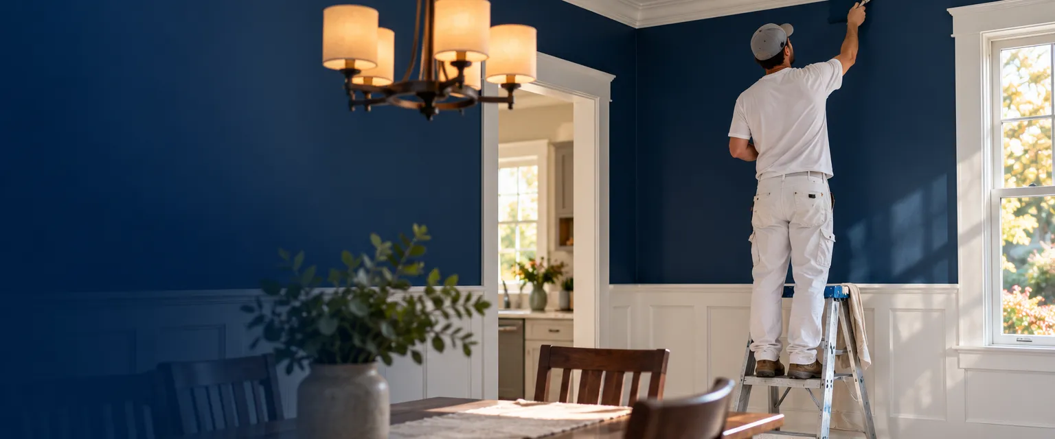 A painter cutting in a clean line at the ceiling of a navy dining room from a short stepladder, drop cloth below