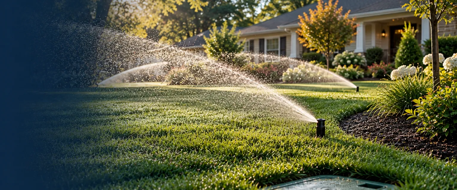 Pop-up sprinkler heads spraying arcs of water over a lawn and beds in early morning, a valve box set flush in the grass by a ranch house
