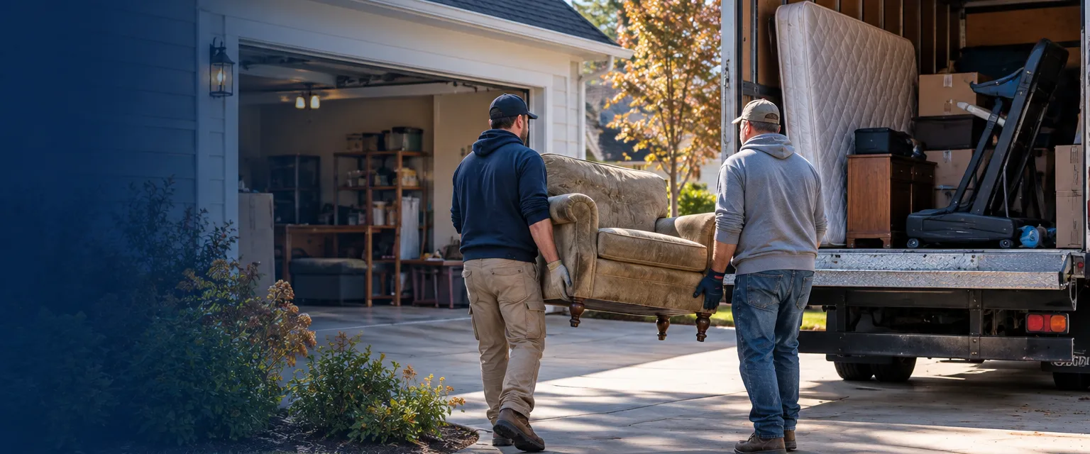 Two crew members carrying an old armchair down a driveway toward an open box truck loaded with a mattress, boxes and a broken treadmill
