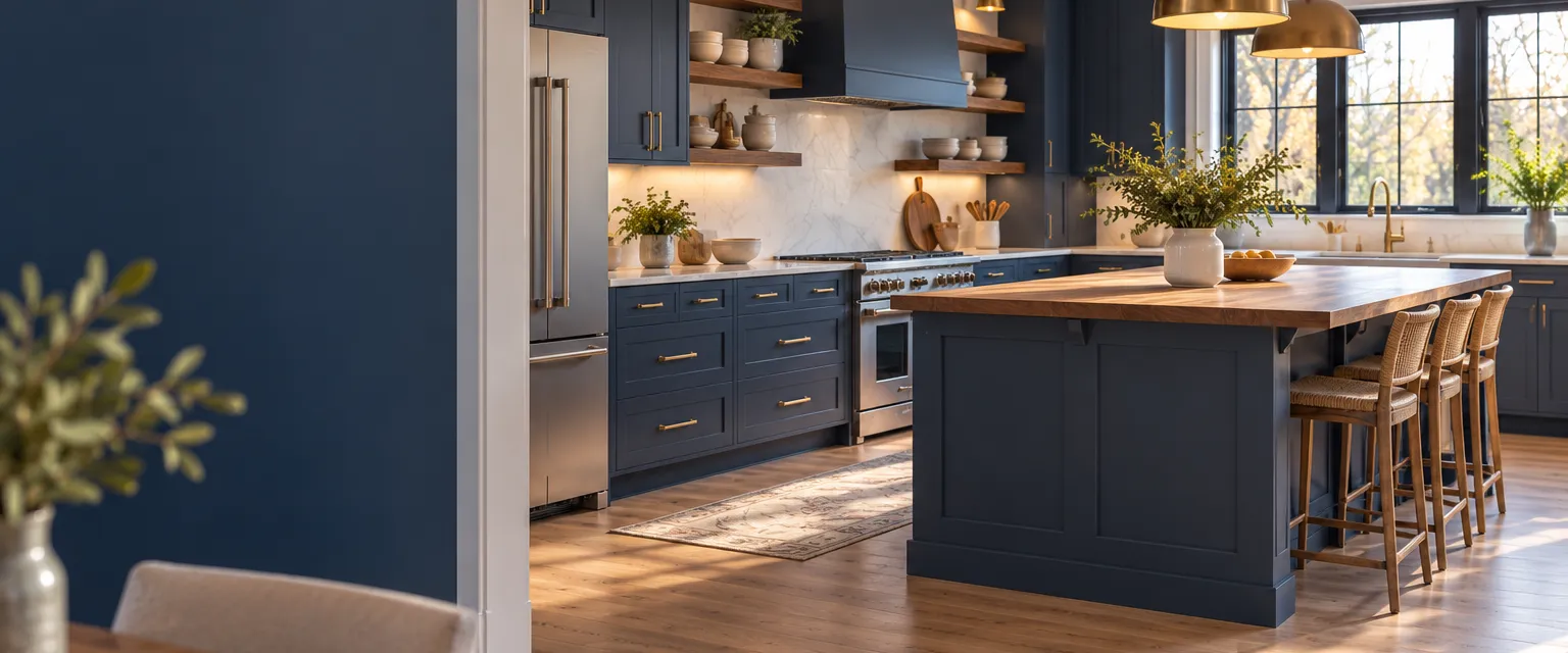 A finished craftsman kitchen with navy shaker cabinets, a white counter, brass pulls and a pendant over a wood-topped island