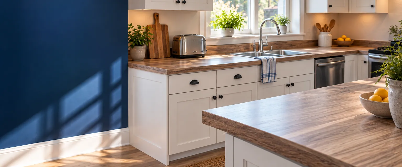 A tidy small kitchen with new woodgrain laminate counters with a squared edge, a toaster and cutting board, white cabinets below