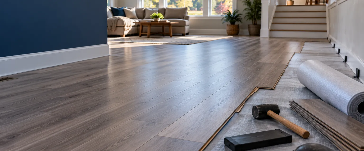 A family room with newly clicked-together gray-brown laminate planks, a roll of underlayment and a tapping block near the last row