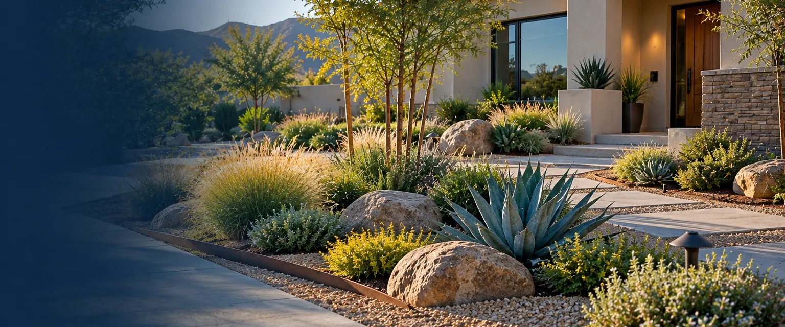 A newly planted modern landscape in front of a stucco home with ornamental grasses, agave, boulders, granite paths and steel edging
