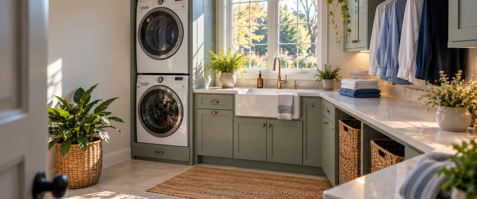 A bright laundry room with a stacked washer and dryer in a built-in cabinet, a quartz folding counter and sage green cabinets