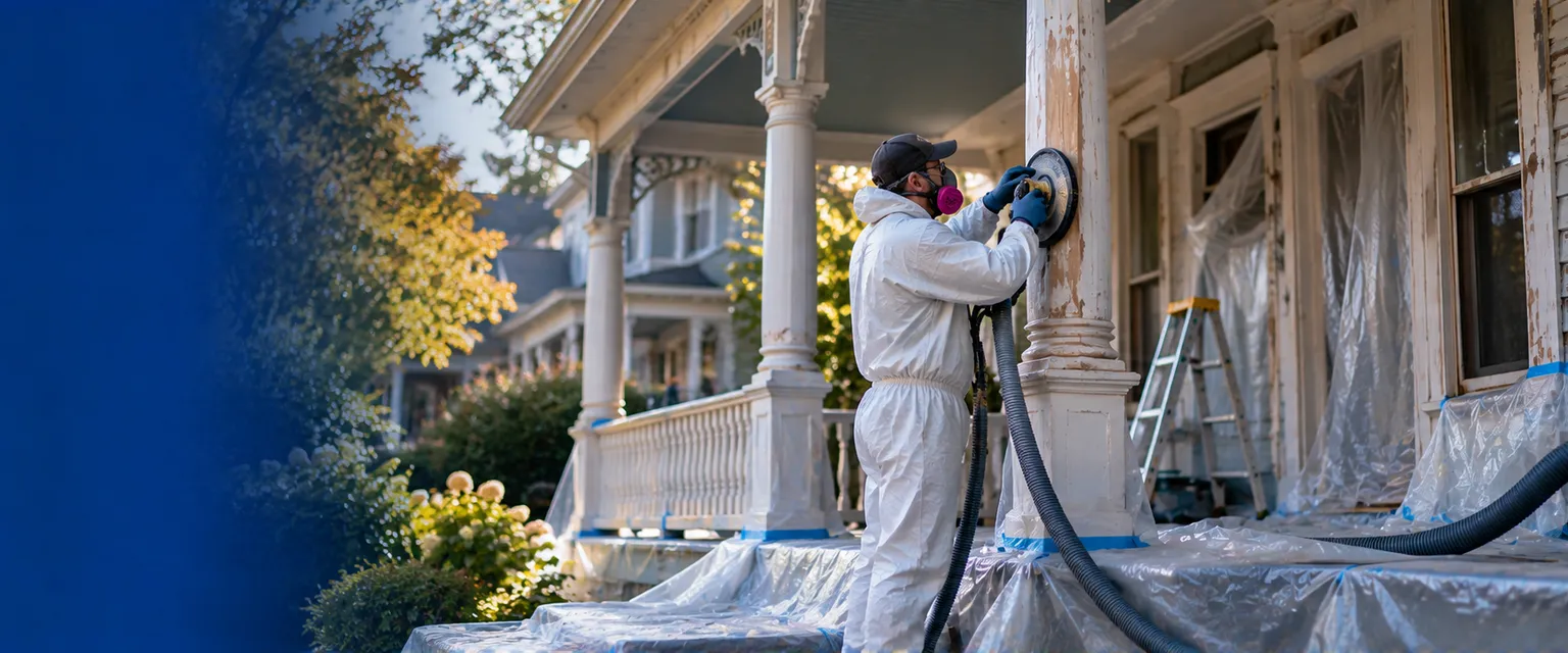 A worker in a respirator and coveralls using a HEPA-shrouded sander on a Victorian porch column over plastic sheeting