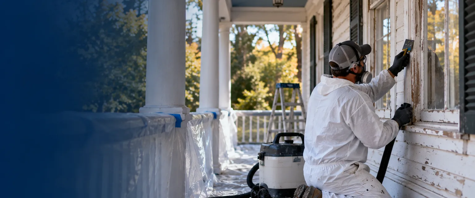 A painter in a respirator and coveralls wet-scraping a farmhouse porch window frame over plastic sheeting, a HEPA vacuum nearby