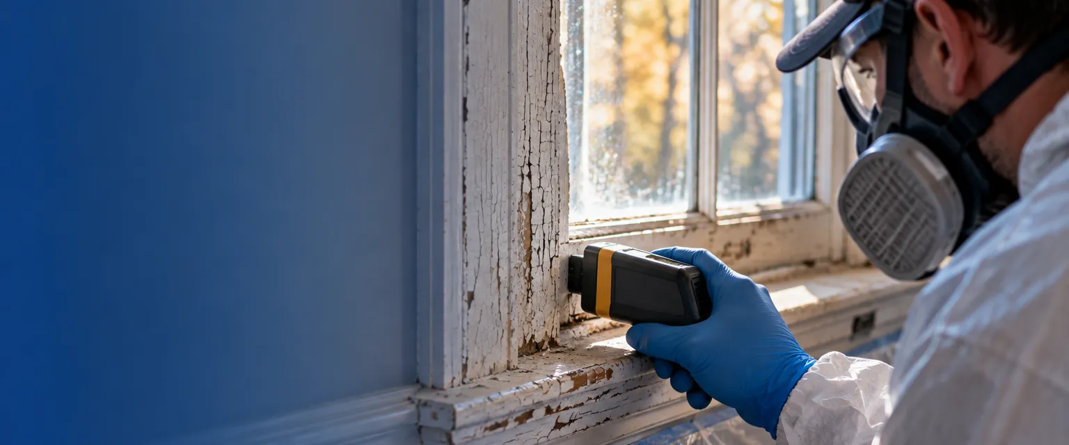 A technician in gloves and a respirator holding a handheld analyzer against old alligatored white paint on window trim, a plastic sheet taped below the sill