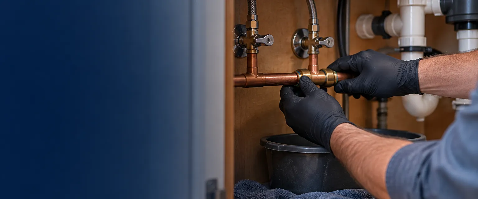 Gloved hands fitting a new push-fit coupling onto a cut copper supply line under an open kitchen sink cabinet, a folded towel and shallow bucket catching the last drips