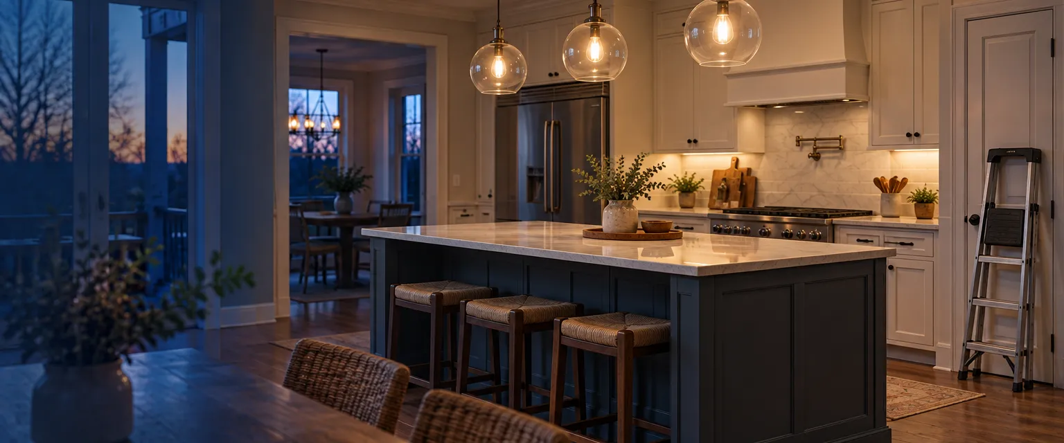 Three blown-glass pendants hanging at equal heights over a kitchen island in a modern farmhouse at dusk, recessed lights glowing overhead and a stepladder folded against the pantry door