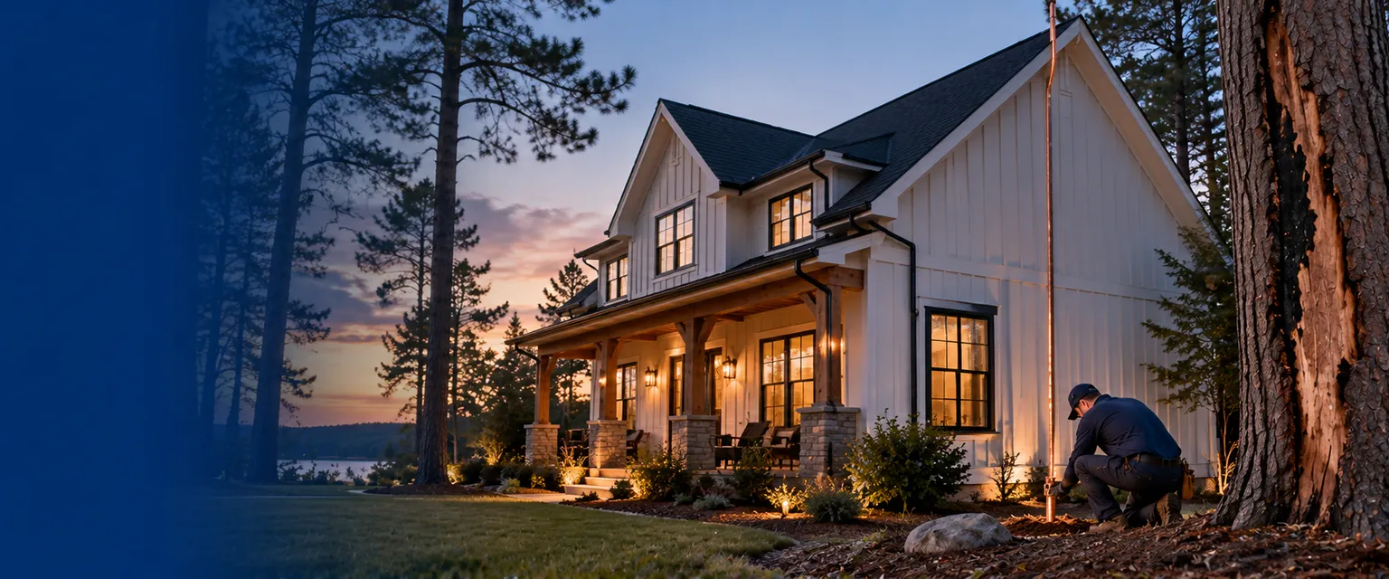 A farmhouse at twilight beside a tall pine with a scorched strip of bark, new lightning protection cable running down the gable