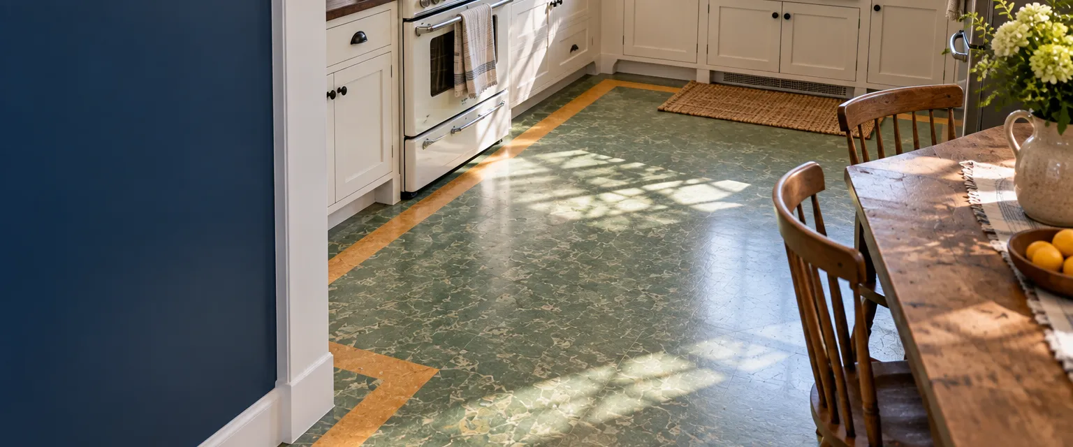 A craftsman kitchen floor of marbled sage-green linoleum with an ochre border inlaid around the edge, a vintage stove and wooden chairs