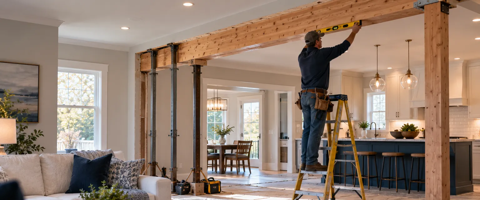 An open living and kitchen area where a wall was replaced by a long laminated beam on posts, a carpenter checking it with a level
